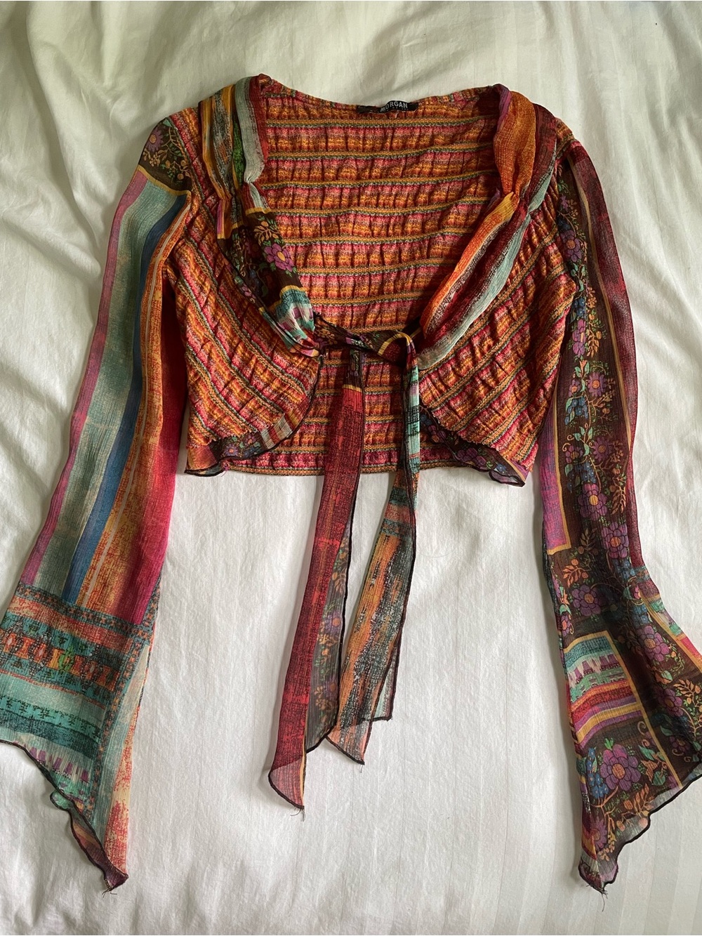 NWOT Colorful Boho Sheer Tie-Front Top